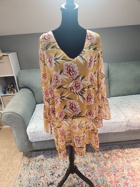 Crosstree Lane Mustard Yellow Floral V-Neck Tunic Sheer Blouse XL